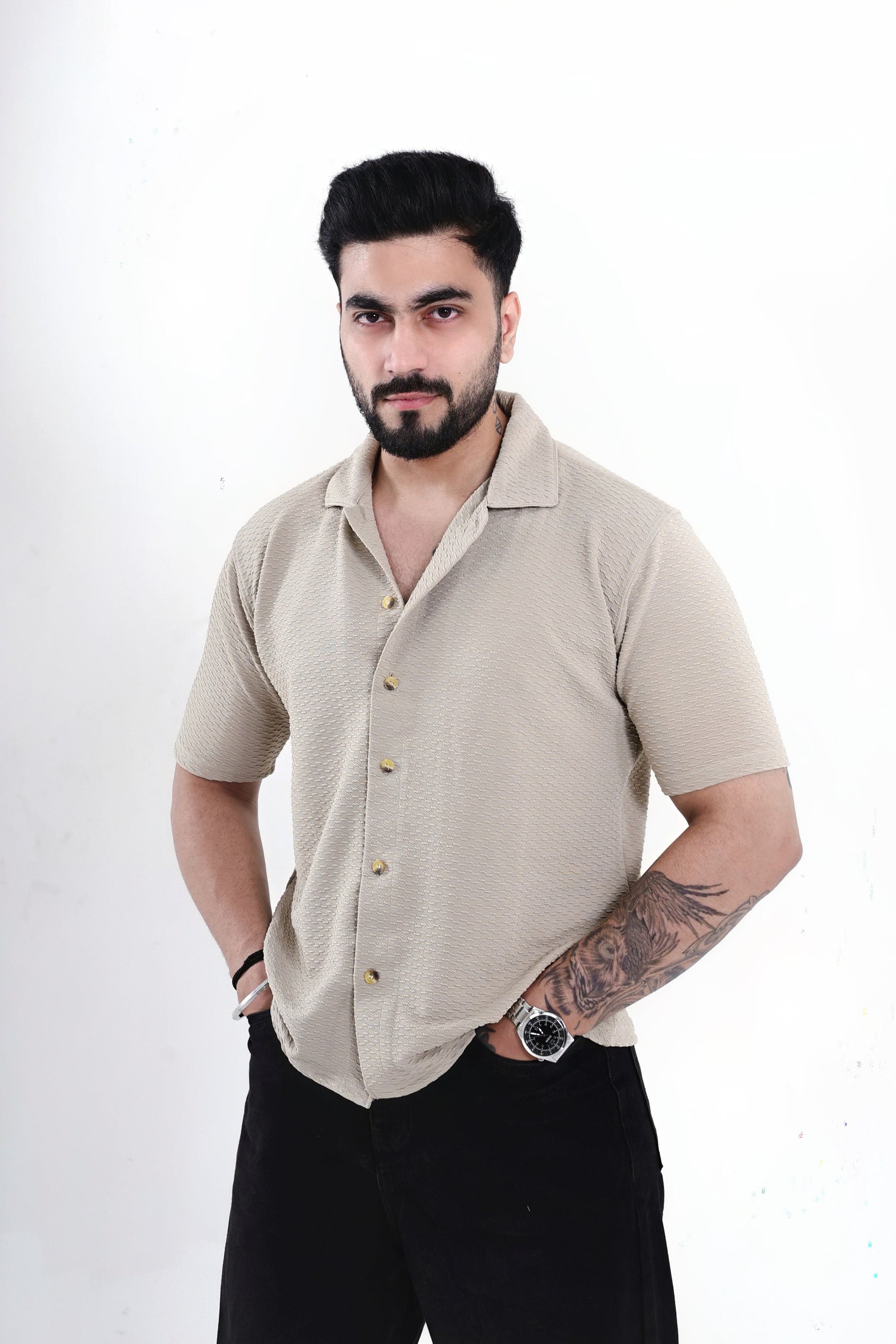 Beige Textured Regular Shirt